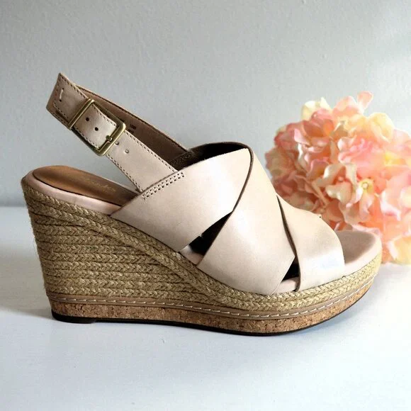 Clarks Amelia Dally Ecru Leather Espadrille Wedge Sandals - Picture 1 of 12